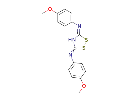 Molecular Structure of 57633-29-1 (3H-1,2,4-Dithiazol-5-amine,
N-(4-methoxyphenyl)-3-[(4-methoxyphenyl)imino]-)