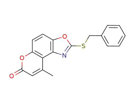 Molecular Structure of 88519-00-0 (7H-Pyrano[3,2-e]benzoxazol-7-one, 9-methyl-2-[(phenylmethyl)thio]-)