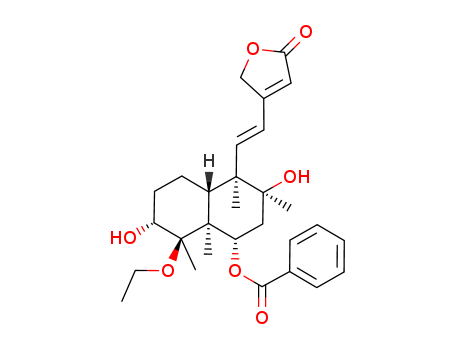 Molecular Structure of 121904-03-8 (2(5H)-Furanone,4-[(1E)-2-[(1R,2S,4S,4aS,5R,6R,8aR)-4-(benzoyloxy)-5-ethoxydecahydro-2,6-dihydroxy-1,2,4a,5-tetramethyl-1-naphthalenyl]ethenyl]-)