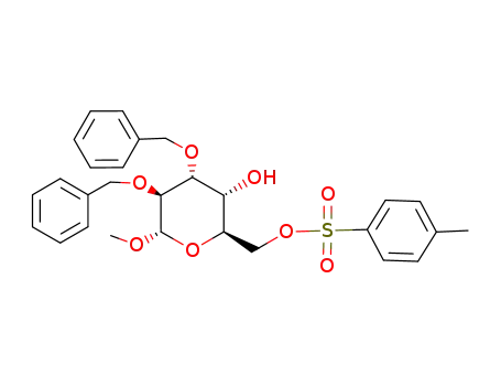 Molecular Structure of 33159-48-7 (Toluene-4-sulfonic acid (2R,3R,4R,5S,6S)-4,5-bis-benzyloxy-3-hydroxy-6-methoxy-tetrahydro-pyran-2-ylmethyl ester)