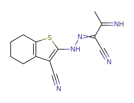 Molecular Structure of 646499-26-5 (Benzo[b]thiophene-3-carbonitrile,
2-[(1-cyano-2-iminopropylidene)hydrazino]-4,5,6,7-tetrahydro-)
