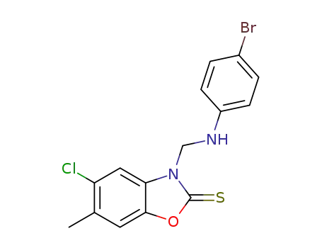 Molecular Structure of 118794-25-5 (3-[(4-Bromo-phenylamino)-methyl]-5-chloro-6-methyl-3H-benzooxazole-2-thione)