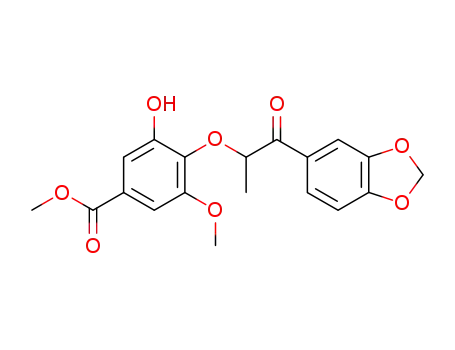 Molecular Structure of 161096-64-6 (methyl 3-hydroxy-4-α-piperonyloylethoxy-5-methoxybenzoate)