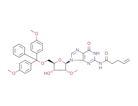 Molecular Structure of 215190-95-7 (Pent-4-enoic acid (9-{(2R,3R,4R,5R)-5-[bis-(4-methoxy-phenyl)-phenyl-methoxymethyl]-4-hydroxy-3-methoxy-tetrahydro-furan-2-yl}-6-oxo-6,9-dihydro-1H-purin-2-yl)-amide)