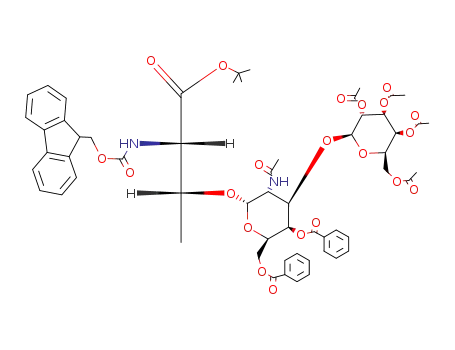 Molecular Structure of 120792-33-8 (N-(9-Fluorenylmethoxycarbonyl)-O-<(2,3,4,6-tetra-O-acetyl-β-D-galactopyranosyl)-(1->3)-O-(2-acetamido-4,6-di-O-benzoyl-2-desoxy-α-D-galactopyranosyl)>-L-threonin-tert-butylester)
