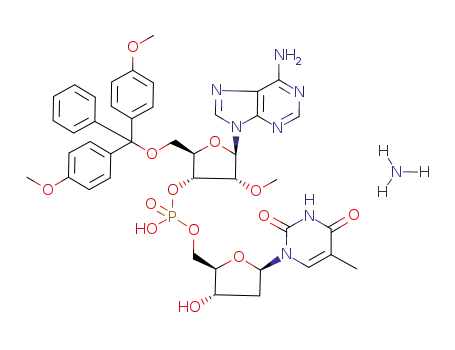Molecular Structure of 118362-06-4 (Phosphoric acid (2R,3R,4R,5R)-5-(6-amino-purin-9-yl)-2-[bis-(4-methoxy-phenyl)-phenyl-methoxymethyl]-4-methoxy-tetrahydro-furan-3-yl ester (2R,3S,5R)-3-hydroxy-5-(5-methyl-2,4-dioxo-3,4-dihydro-2H-pyrimidin-1-yl)-tetrahydro-furan-2-ylmethyl ester; compound with ammonia)