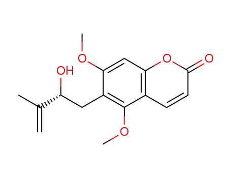 Molecular Structure of 137764-14-8 (2H-1-Benzopyran-2-one,
6-(2-hydroxy-3-methyl-3-butenyl)-5,7-dimethoxy-, (R)-)