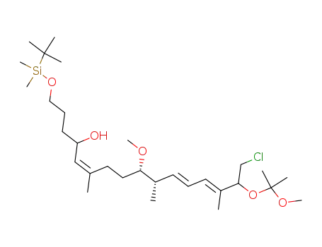 Molecular Structure of 210774-79-1 ((5Z,11E,13E)-(9S,10S)-1-(tert-Butyl-dimethyl-silanyloxy)-16-chloro-9-methoxy-15-(1-methoxy-1-methyl-ethoxy)-6,10,14-trimethyl-hexadeca-5,11,13-trien-4-ol)