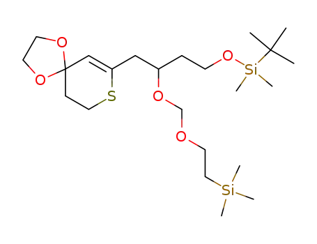 Molecular Structure of 144617-50-5 (7-<4-tert-Butyldimethylsilyloxy-2-(2-trimethylsilylethoxy)methoxybutyl>-1,4-dioxa-8-thiaspiro<4.5>dec-6-ene)