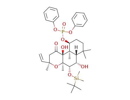 Molecular Structure of 144426-73-3 (7β-(tert-butyldimethylsiloxy)-8,13-epoxy-6β,9α-dihydroxy-11-oxolabd-14-en-1-α-yl diphenylphosphate)