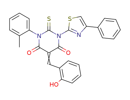 Molecular Structure of 139356-87-9 ((5E)-5-[(2-hydroxyphenyl)methylidene]-1-(2-methylphenyl)-3-(4-phenyl-1,3-thiazol-2-yl)-2-thioxodihydropyrimidine-4,6(1H,5H)-dione)