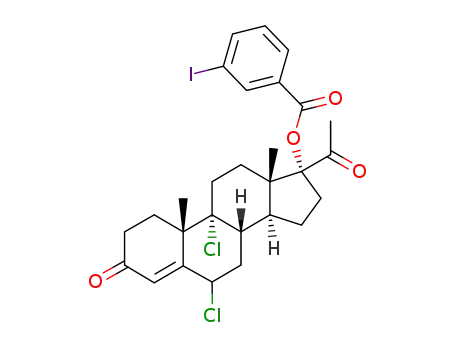 Molecular Structure of 75863-27-3 (3-Iodo-benzoic acid (8S,9R,10S,13S,14S,17R)-17-acetyl-6,9-dichloro-10,13-dimethyl-3-oxo-2,3,6,7,8,9,10,11,12,13,14,15,16,17-tetradecahydro-1H-cyclopenta[a]phenanthren-17-yl ester)