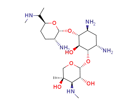 Molecular Structure of 25876-10-2 ((2R,3R,4R,5R)-2-[(1S,2S,3R,4S,6R)-4,6-diamino-3-[(2R,3R,6S)-3-amino-6-[(1R)-1-methylaminoethyl]oxan-2-yl]oxy-2-hydroxy-cyclohexyl]oxy-5-methyl-4-methylamino-oxane-3,5-diol)