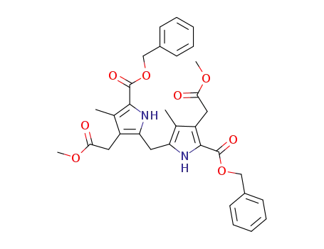 Molecular Structure of 111782-62-8 (1H-Pyrrole-3-acetic acid,
2-[[4-(2-methoxy-2-oxoethyl)-3-methyl-5-[(phenylmethoxy)carbonyl]-1H-
pyrrol-2-yl]methyl]-4-methyl-5-[(phenylmethoxy)carbonyl]-, methyl ester)