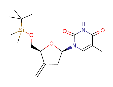 Molecular Structure of 170638-74-1 (1-[(2R,5S)-5-(tert-Butyl-dimethyl-silanyloxymethyl)-4-methylene-tetrahydro-furan-2-yl]-5-methyl-1H-pyrimidine-2,4-dione)