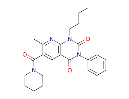 Molecular Structure of 109493-41-6 (1-butyl-7-methyl-3-phenyl-6-(piperidin-1-ylcarbonyl)pyrido[2,3-d]pyrimidine-2,4(1H,3H)-dione)