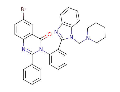 Molecular Structure of 91045-26-0 (6-bromo-2-phenyl-3-{2-[1-(piperidin-1-ylmethyl)-1H-benzimidazol-2-yl]phenyl}quinazolin-4(3H)-one)
