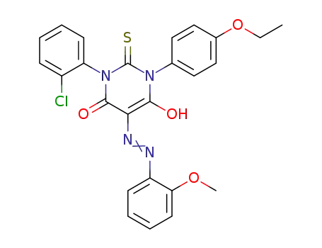 Molecular Structure of 76153-47-4 (1-(2-chlorophenyl)-3-(4-ethoxyphenyl)-5-[(2-methoxyphenyl)hydrazono]-2-thioxodihydropyrimidine-4,6(1H,5H)-dione)
