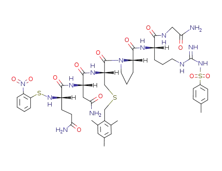 Molecular Structure of 78221-75-7 (o-nitrobenzenesulfenyl-L-glutaminyl-L-asparaginyl-S-(2,4,6-trimethylbenzyl)-L-cysteinyl-L-prolyl-N<sup>G</sup>-p-toluenesulfonyl-L-arginyl-glycine amide)