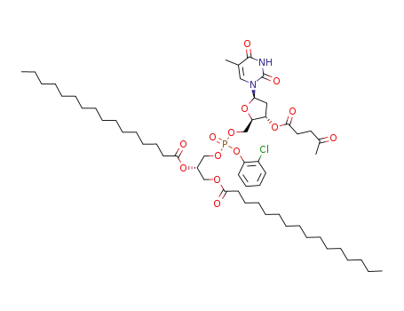Molecular Structure of 89291-53-2 (5'-Thymidylic acid, 2,3-bis[(1-oxohexadecyl)oxy]propyl 2-chlorophenyl
ester, 3'-(4-oxopentanoate), (S)-)