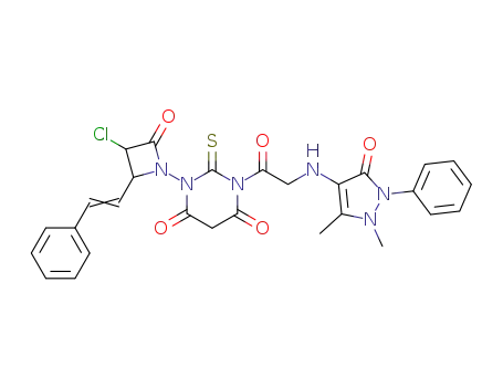 Molecular Structure of 151921-16-3 (1-{3-chloro-2-oxo-4-[(E)-2-phenylethenyl]azetidin-1-yl}-3-[N-(1,5-dimethyl-3-oxo-2-phenyl-2,3-dihydro-1H-pyrazol-4-yl)glycyl]-2-thioxodihydropyrimidine-4,6(1H,5H)-dione)