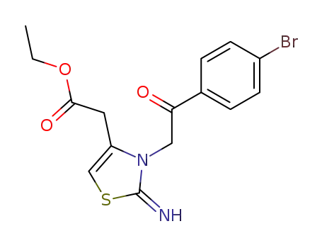 Molecular Structure of 134259-91-9 ({3-[2-(4-bromo-phenyl)-2-oxo-ethyl]-2-imino-2,3-dihydro-thiazol-4-yl}-acetic acid ethyl ester)