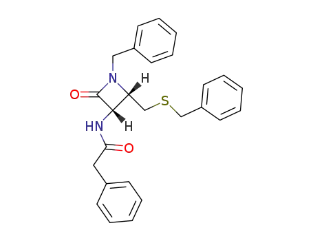 Molecular Structure of 54486-08-7 (Benzeneacetamide,
N-[2-oxo-1-(phenylmethyl)-4-[[(phenylmethyl)thio]methyl]-3-azetidinyl]-,
trans-)