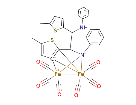 Molecular Structure of 191232-73-2 ([μ-N-((anilino(5-methyl-2-thienyl)methyl)((2,3-η(1):η(2))-5-methyl-2-thienyl)methyl)-η(1):η(1)(N)-anilino]hexacarbonyldiiron)