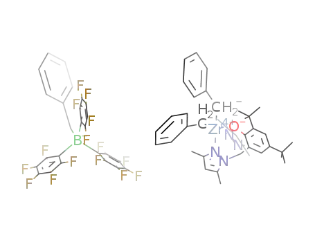 [(C<sub>6</sub>H<sub>5</sub>CH<sub>2</sub>)2Zr(CH(C<sub>3</sub>H(CH<sub>3</sub>)2N<sub>2</sub>)2(C<sub>6</sub>H<sub>2</sub>(C(CH<sub>3</sub>)3)2O))]<sup>(1+)</sup>*(C<sub>6</sub>H<sub>5</sub>CH<sub>2</sub>)B(C<sub>6</sub>F<sub>5</sub>)3<sup>(1-)</sup>=[C<sub>39</sub>H<sub>49</sub>N<sub>4</sub>OZr][C<sub>25</sub>H<sub>7</sub>BF<sub>15</sub>]