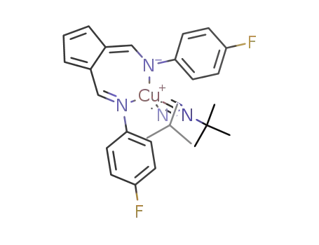 Molecular Structure of 1338078-90-2 (bis(tert-butyl isocyanide-κC)[4-fluoro-N-((2-[N-(4-fluorophenyl)carboximidoyl]cyclopenta-2,4-dien-1-ylidene)methyl)anilinido-κ**(2)N,N']copper(I))