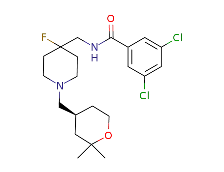 Molecular Structure of 1072018-68-8 (3,5-Dichloro-N-[[4-fluoro-1-[[(4S)-tetrahydro-2,2-dimethyl-2H-pyran-4-yl]methyl]-4-piperidinyl]methyl]Benzamide)