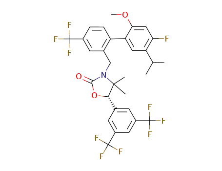 Molecular Structure of 1312671-81-0 ((-)-(5S)-5-[3,5-bis(trifluoromethyl)phenyl]-3-{[4'-fluoro-2'-methoxy-5'-(propan-2-yl)-4-(trifluoromethyl)biphenyl-2-yl]methyl}-4,4-dimethyl-1,3-oxazolidin-2-one)