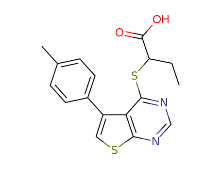 Molecular Structure of 457643-01-5 (2-{[5-(4-methylphenyl)thieno[2,3-d]pyrimidin-4-yl]thio}butanoic acid)