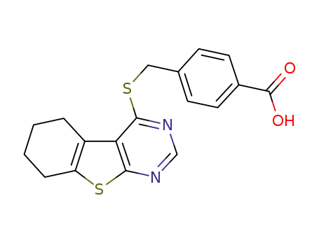 Molecular Structure of 526188-32-9 (4-[(5,6,7,8-tetrahydro[1]benzothieno[2,3-d]pyrimidin-4-ylthio)methyl]benzoic acid)