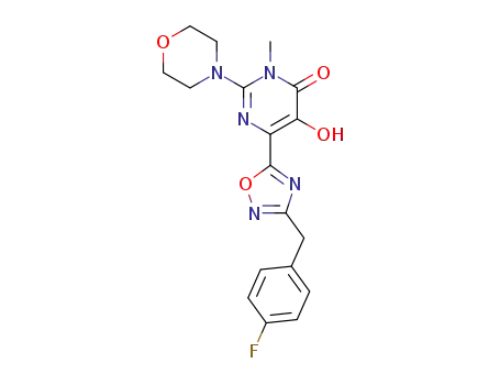 Molecular Structure of 1289649-13-3 (6-(3-(4-fluorobenzyl)-1,2,4-oxadiazol-5-yl)-5-hydroxy-3-methyl-2-morpholinopyrimidin-4(3H)-one)