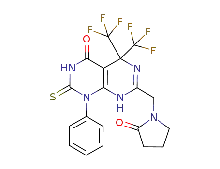 Molecular Structure of 1258496-01-3 (7-(2-oxopyrrolidin-1-ylmethyl)-1-phenyl-2-thioxo-5,5-bis(trifluoromethyl)-2,3,5,8-tetrahydro-1H-pyrimido[4,5-d]pyrimidin-4-one)