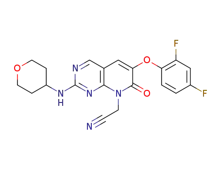 Molecular Structure of 1280218-13-4 ([6-(2,4-difluorophenoxy)-7-oxo-2-(tetrahydropyran-4-ylamino)-7H-pyrido[2,3-d]pyrimidin-8-yl]acetonitrile)