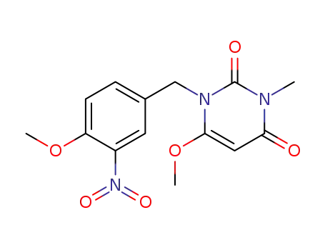 Molecular Structure of 121607-22-5 (6-methoxy-1-(4-methoxy-3-nitrobenzyl)-3-methylpyrimidine-2,4(1H,3H)-dione)