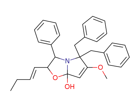 Molecular Structure of 130836-83-8 (5,5-Dibenzyl-2-((E)-but-1-enyl)-6-methoxy-3-phenyl-2,3-dihydro-5H-pyrrolo[2,1-b]oxazol-7a-ol)