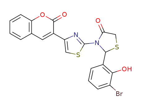 Molecular Structure of 128404-97-7 (2-(2-hydroxy-3-bromophenyl)-3-(4-(2-oxo-2H-1-benzopyran-3-yl)-2-thiazolyl)-4-thiazolidinone)