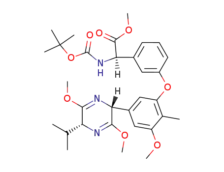Molecular Structure of 130697-97-1 ((R)-tert-Butoxycarbonylamino-{3-[5-((2R,5R)-5-isopropyl-3,6-dimethoxy-2,5-dihydro-pyrazin-2-yl)-3-methoxy-2-methyl-phenoxy]-phenyl}-acetic acid methyl ester)