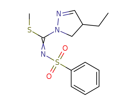 Molecular Structure of 1337564-55-2 (N-[(4-ethyl-4,5-dihydro-1H-pyrazol-1-yl)-methylsulfanyl-methylidene]-benzenesulfonamide)
