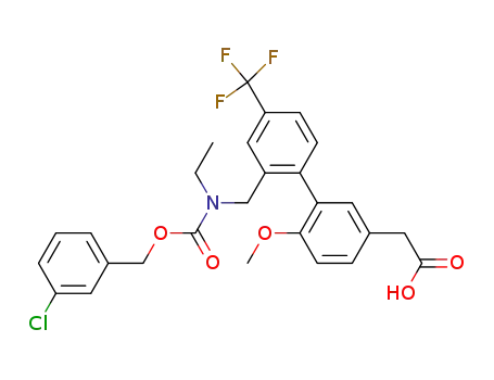 Molecular Structure of 1175526-55-2 ((2'-{[(3-chloro-benzyloxycarbonyl)-ethyl-amino]-methyl}-6-methoxy-4'-trifluoromethyl-biphenyl-3-yl)-acetic acid)