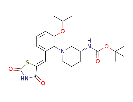 Molecular Structure of 1204143-91-8 ((R,Z)-tert-butyl 1-(2-((2,4-dioxothiazolidin-5-ylidene)methyl)-6-isopropoxyphenyl)piperidin-3-ylcarbamate)