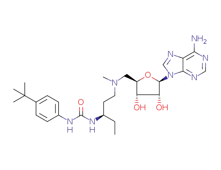 Molecular Structure of 1381761-83-6 (1-((R)-1-((((2R,3S,4R,5R)-5-(6-amino-9H-purin-9-yl)-3,4-dihydroxytetrahydrofuran-2-yl)methyl)(methyl)amino)pentan-3-yl)-3-(4-(tert-butyl)phenyl)urea)