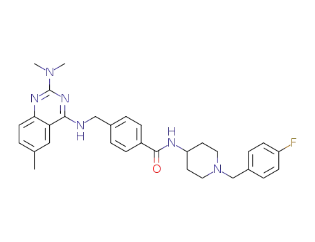 Molecular Structure of 1356125-38-6 (N-[1-(4-fluorobenzyl)piperidin-4-yl]-4-[[(2-(dimethylamino)-6-methylquinazolin-4-yl)amino]methyl]benzamide)