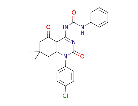 Molecular Structure of 1395080-95-1 (1-(4-chlorophenyl)-7,7-dimethyl-4-(N'-phenylureido)-7,8-dihydroquinazoline-2,5(1H,6H)-dione)