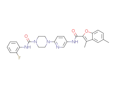 Molecular Structure of 1275991-29-1 (4-(5-(3,5-dimethylbenzofuran-2-carboxamido)pyridin-2-yl)-N-(2-fluorophenyl)piperazine-1-carboxamide)