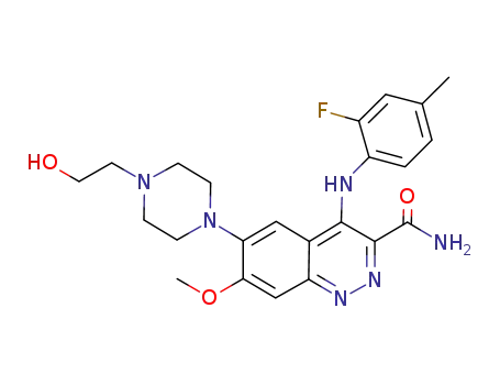 Molecular Structure of 1041852-85-0 (4-[(2-fluoro-4-methylphenyl)amino]-6-[4-(2-hydroxyethyl)piperazin-1-yl]-7-methoxycinnoline-3-carboxamide)