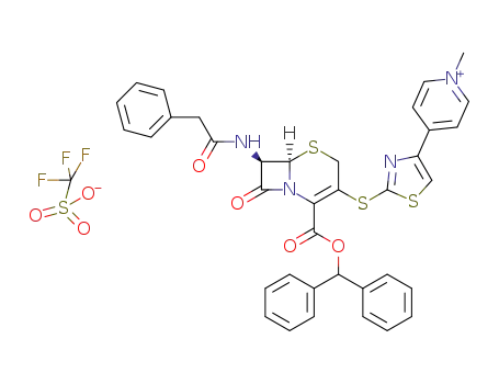 Molecular Structure of 1427207-51-9 (benzhydryl 7β-[(phenylacetyl)amino]-3-[4-(1-methyl-4-pyridinio)-2-thiazolylthio]-3-cephem-4-carboxylate trifluoromethane sulfonate)